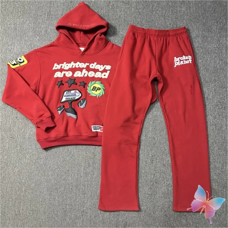 

24ss Red Men Women Cleanfit Broken Planet Hoodies Tracksuit Loose 1:1 High Quality Foam Letter Star Print BP Sweatshirts Set