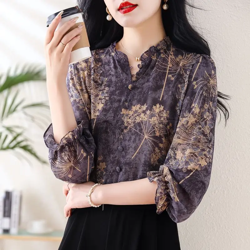 Spring Summer Round Neck Fashion Long Sleeve Shirt Women High Street Casual Button Patchwork Pullovers Vintage Printing Tops