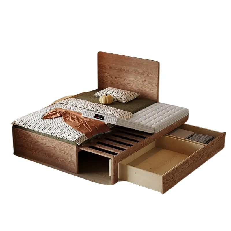 Retractable solid wood bed, small apartment folding pull-out dual-purpose single double bed with drawer storage bed