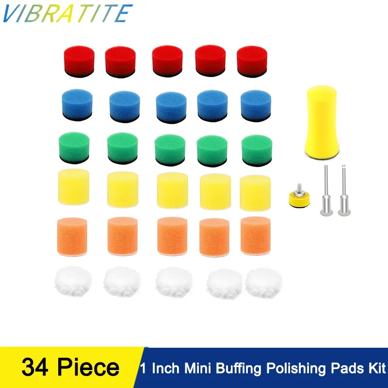 

34 Pcs 1 Inch Mini Buffing Polishing Pads Kit with Sponge Wool Polishing Pad Hook and Loop Hand Sanding Block for Car Metal