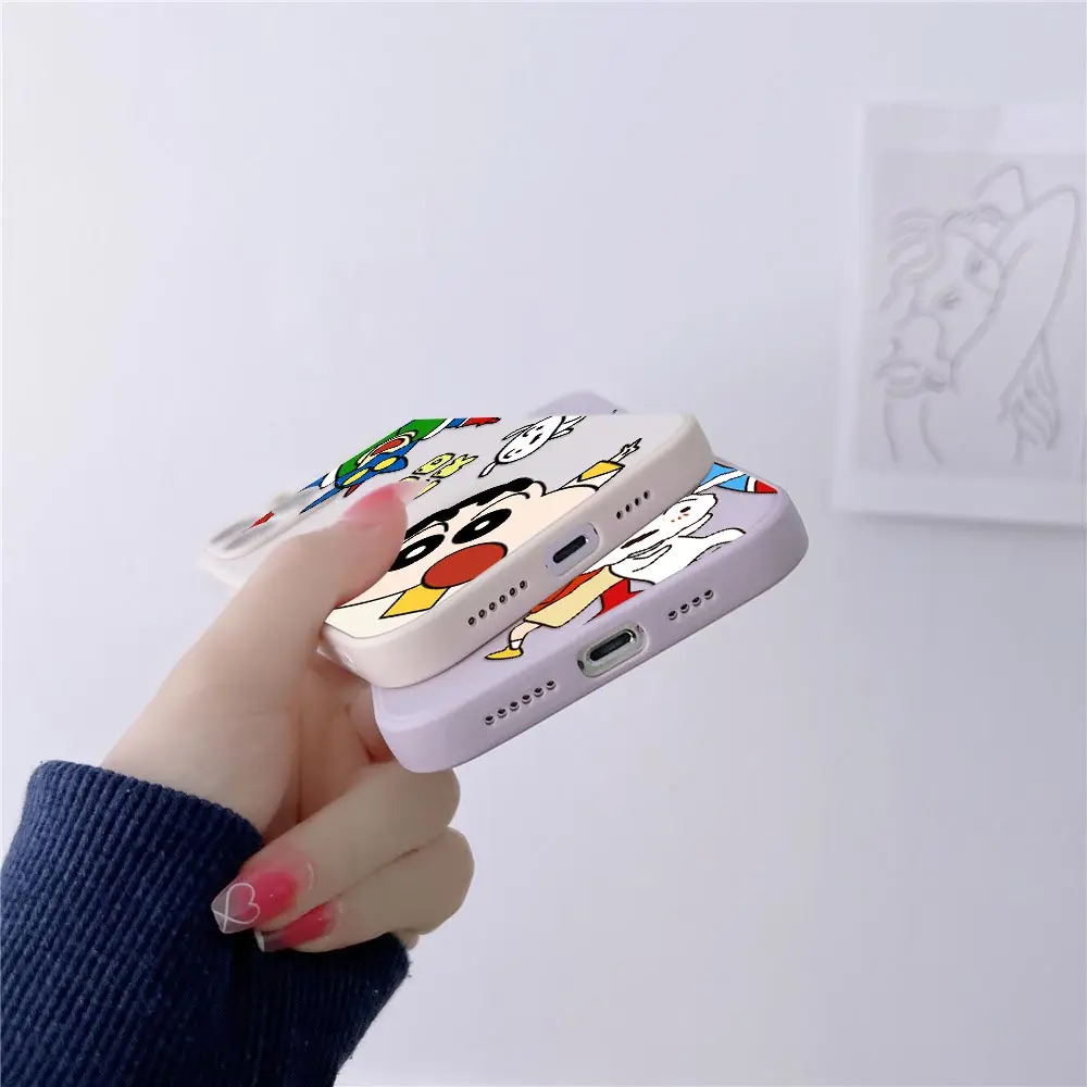 Crayons Boy Shin-chans Phone Case For iPhone 15 14 13 12 11 Pro Max Mini 7 8 14 15 Plus SE 2020 Cases Liquid Silicone Back Cover image 5