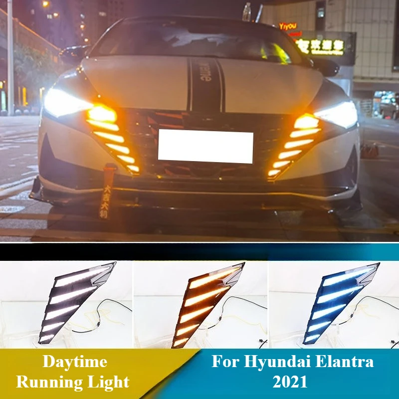 

Для Hyundai Elantra 2021, 2 шт., автомобильные светодиодные дневные ходовые огни, отражатель DRL, динамический указатель поворота, ночной синий передний бампер, противотуманная фара