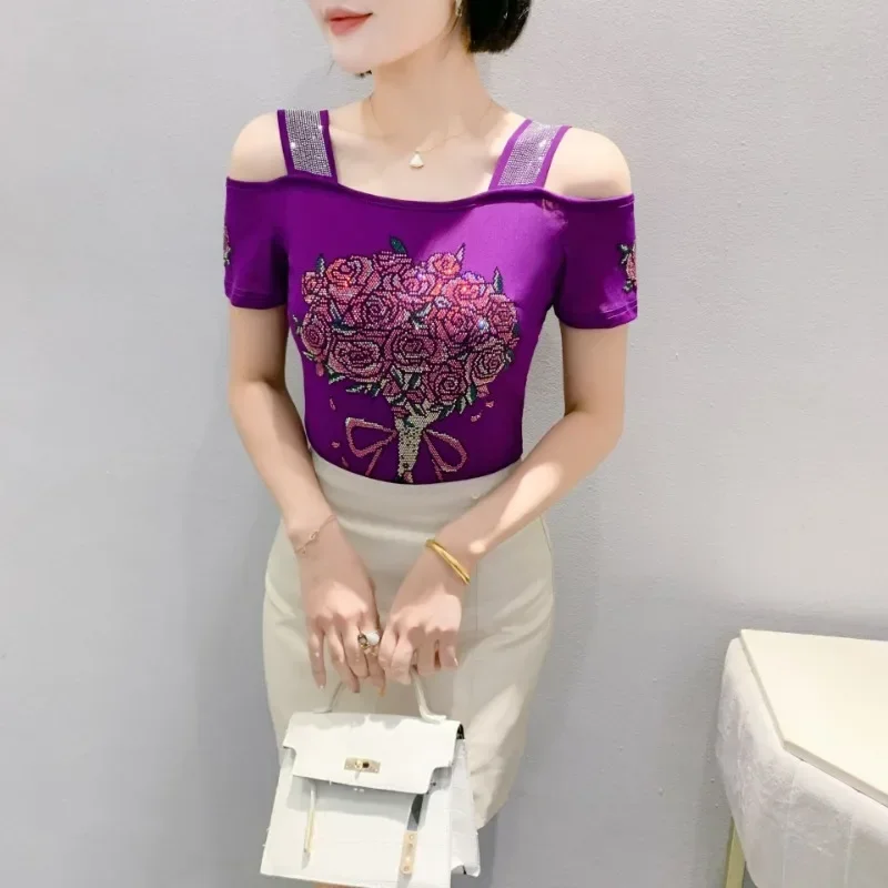 

Luxury Skinny Tops High-end Design Shiny Diamond T-shirt Summer Women Clothes Trend Off Shoulder Short Sleeves Mesh Tees Floral