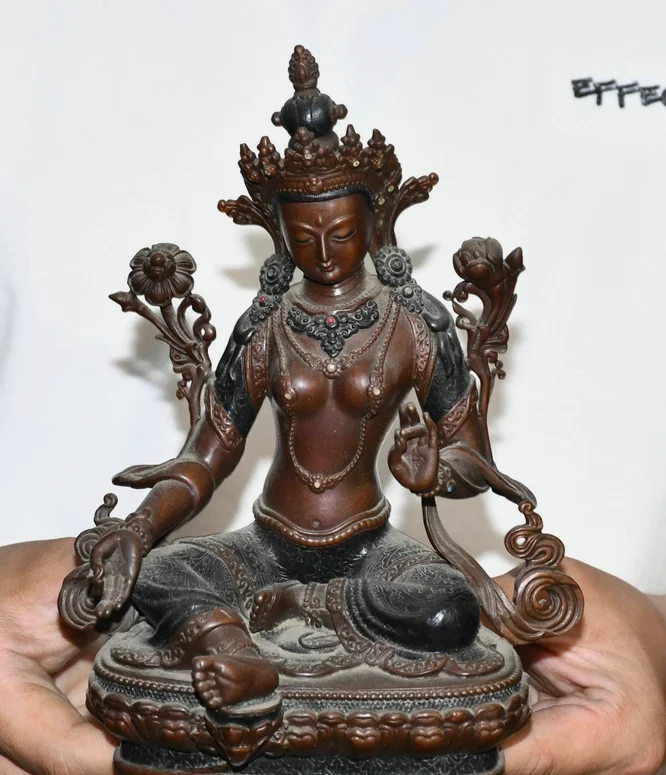 8.2'' Old Tibet Pure Bronze Green Tara Mahayana Enlightenment Buddha Statue