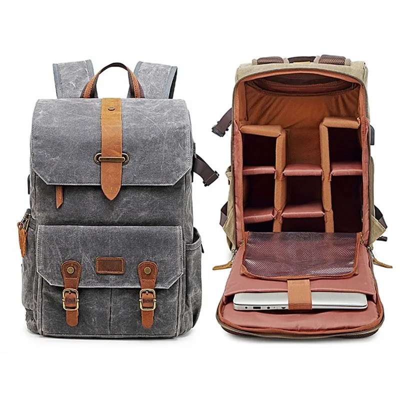 

High Quality Vintage Waterproof Canvas DSLR Camera Bag Travel Backpack Rucksack Insert Case 15.6'' Laptop For Canon Nikon Sony