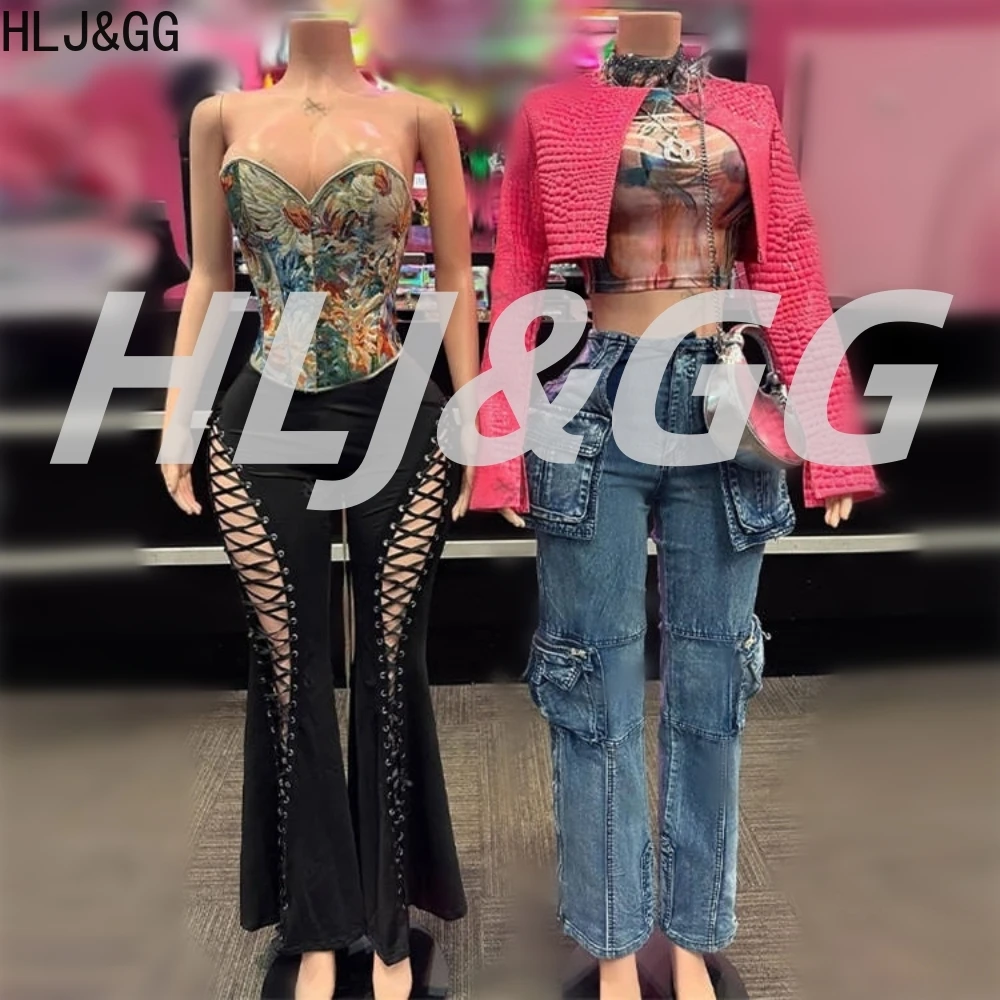 

HLJ&GG Sexy Mesh Print Jean Two Piece Sets Women Round Neck Long Sleeve Slim Crop Top And Denim Cargo Pants Outfits Streetwear