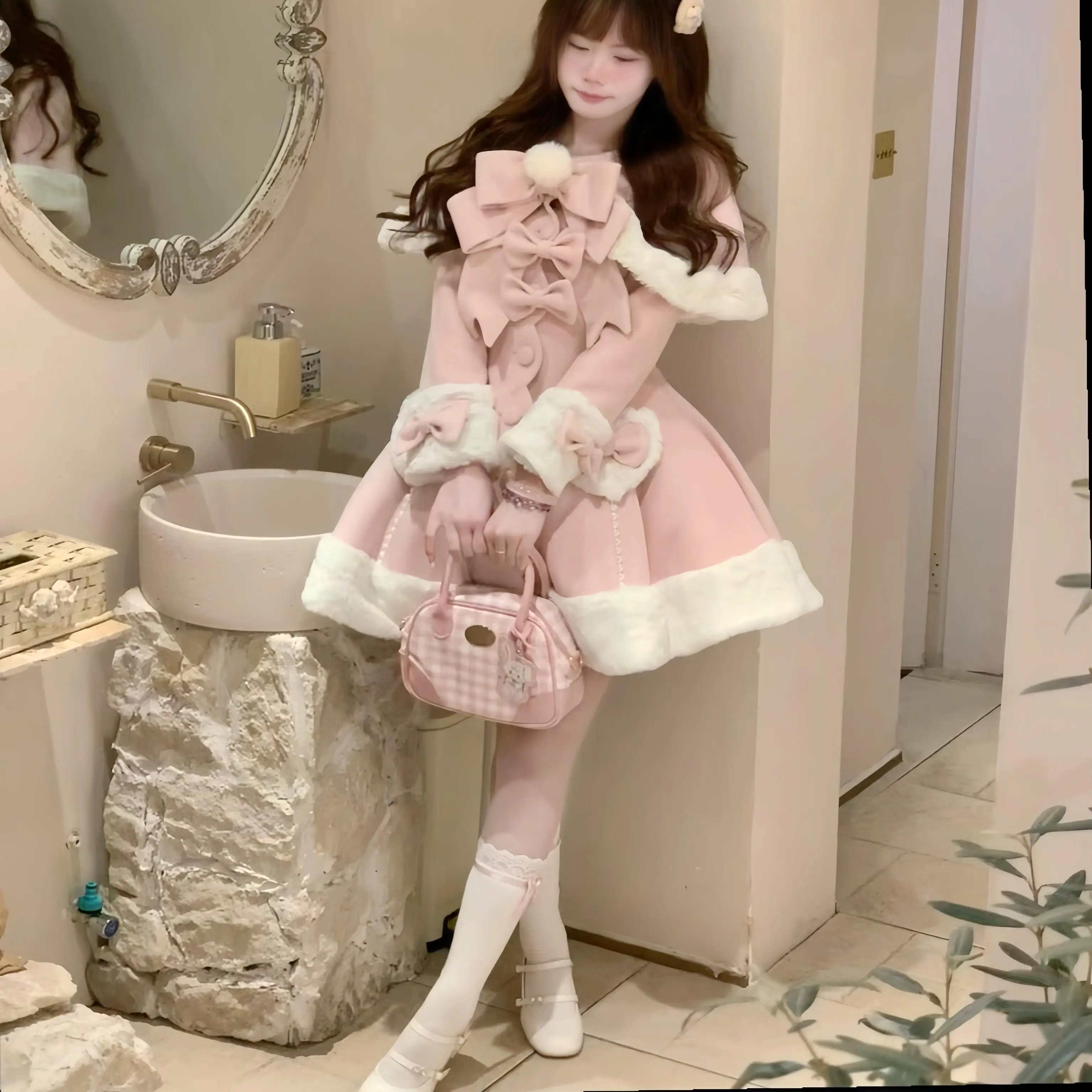 Original Sweet Lolita Pink Wool Coat Winter New Women's Sweet Cute Bow Slim Fit Elegant Long Jacket Overcoat Detachable Cape