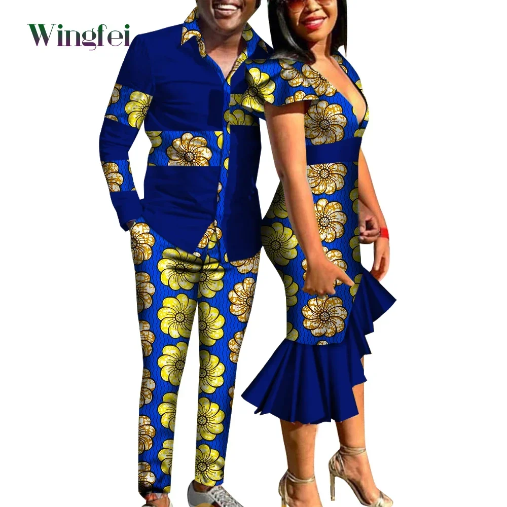 African Clothes for Couple Dashiki Mens Suit and Lady V-neck Ruffle Dresses Fashion Lovers Print Dashiki African Clothing WYQ454