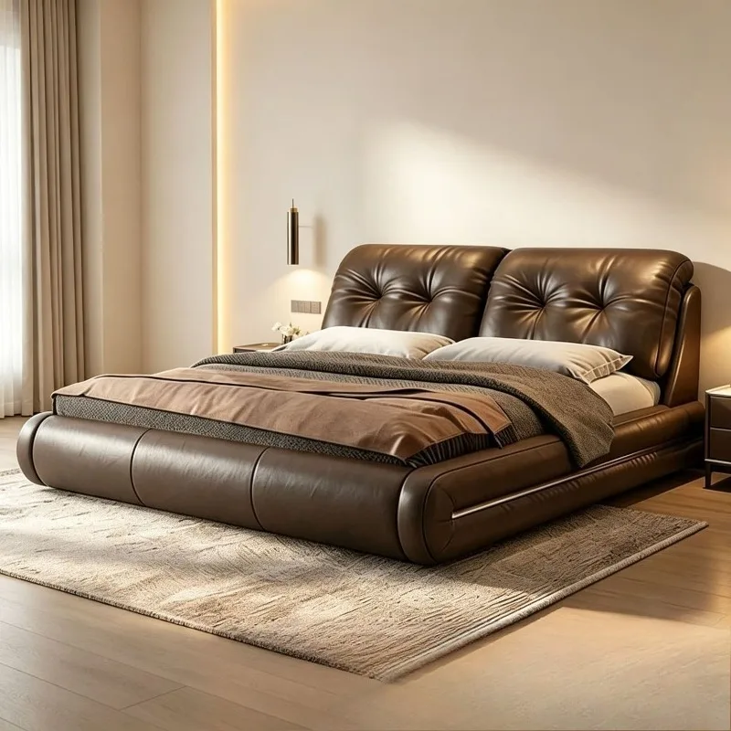 Italian minimalist leather bed, master bedroom bed, double brown buckle soft bag light luxury home double bed storage
