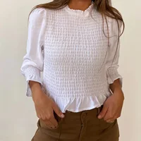 Camisetas informales a la moda con cuello redondo y manga 3/4 para mujer, camisetas con volantes y estampado a cuadros para verano y otoño