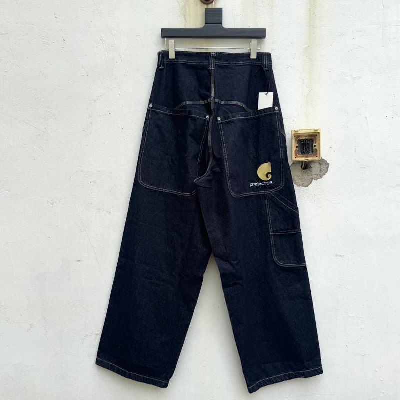 

Big Pockets Embeoidery Yellow Label Project GR Jeans Men Women Vintage Washed Loose Pants High Quality Casual Wide Leg Trousers