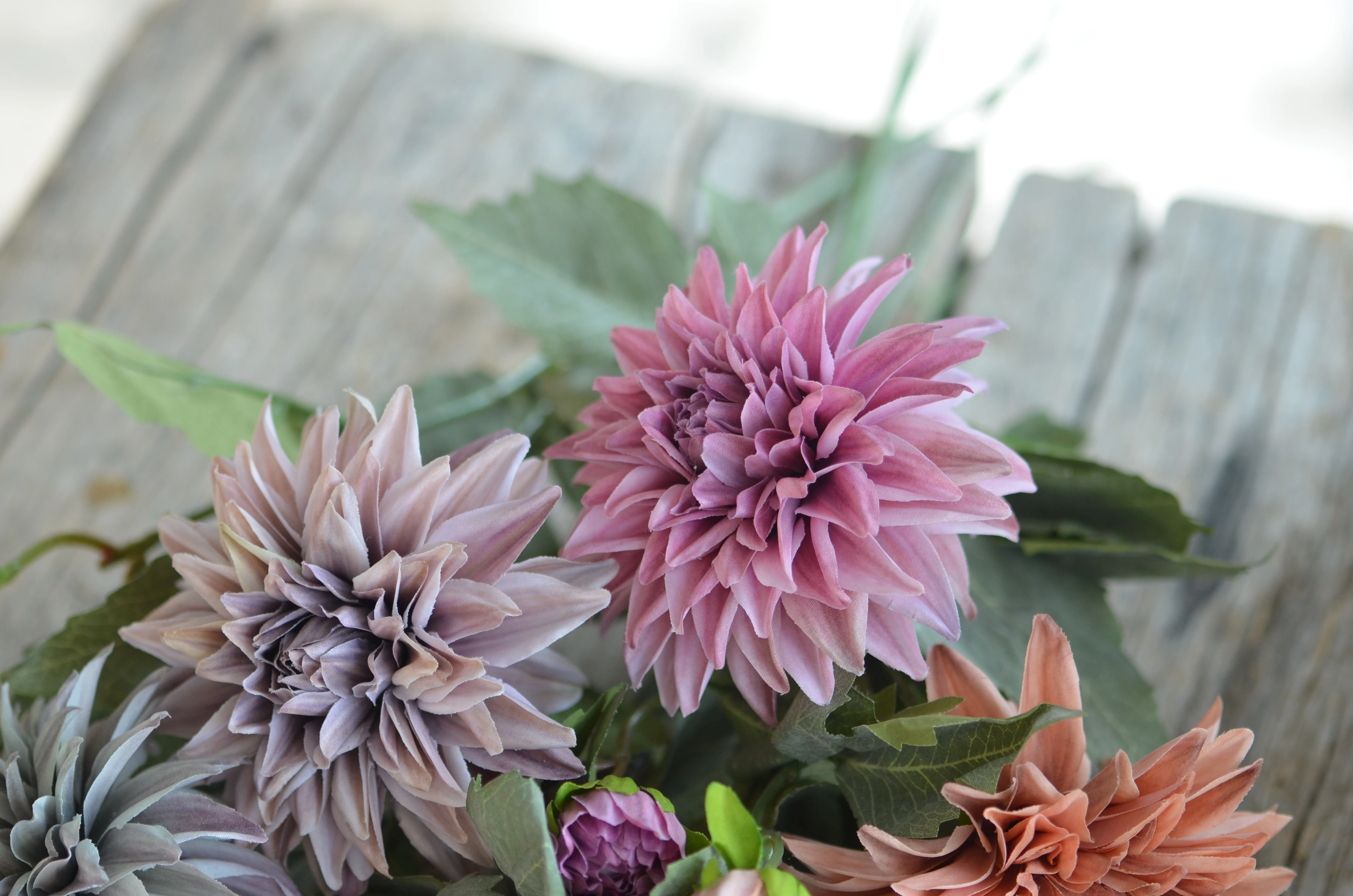 Dusty Brown Mauve Lilac Green Faux Dahlia, Gradient Special Colors Fake Dahlia, Home Decor Artificial Dahlia Flowers