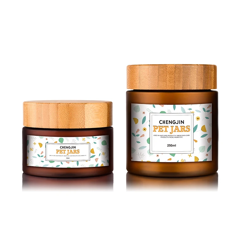 Confezione cosmetica naturale 50ml 150ml 250ml 500ml Barattoli in PET satinato/ambra/trasparente Barattolo di crema in plastica per burro corpo da 8 once con coperchio in bambù