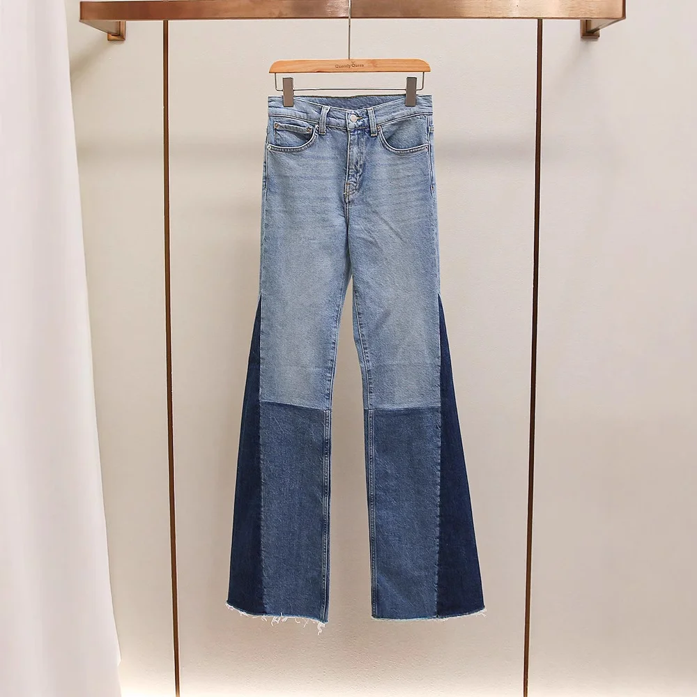 

M-Home Spring New Fashion Retro Color Block Design Casual High Waist Wide Leg Jeans Women's Loose Fit Cotton Denim Pants