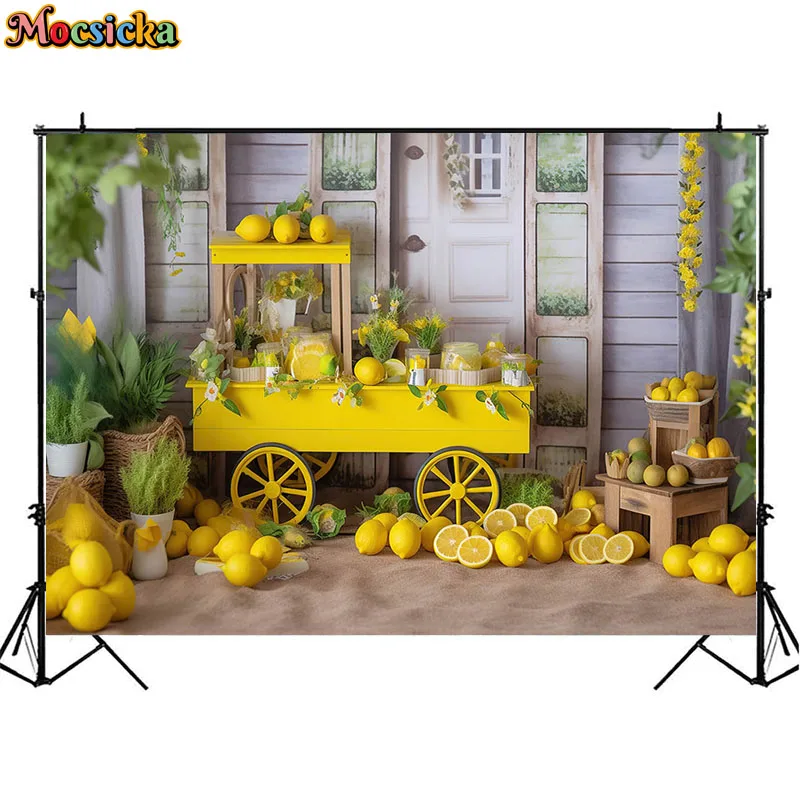 Fondo de fiesta de cumpleaños con temática de fruta Limón, accesorios de decoración de plantas verdes, retrato de niño, telón de fondo para estudio