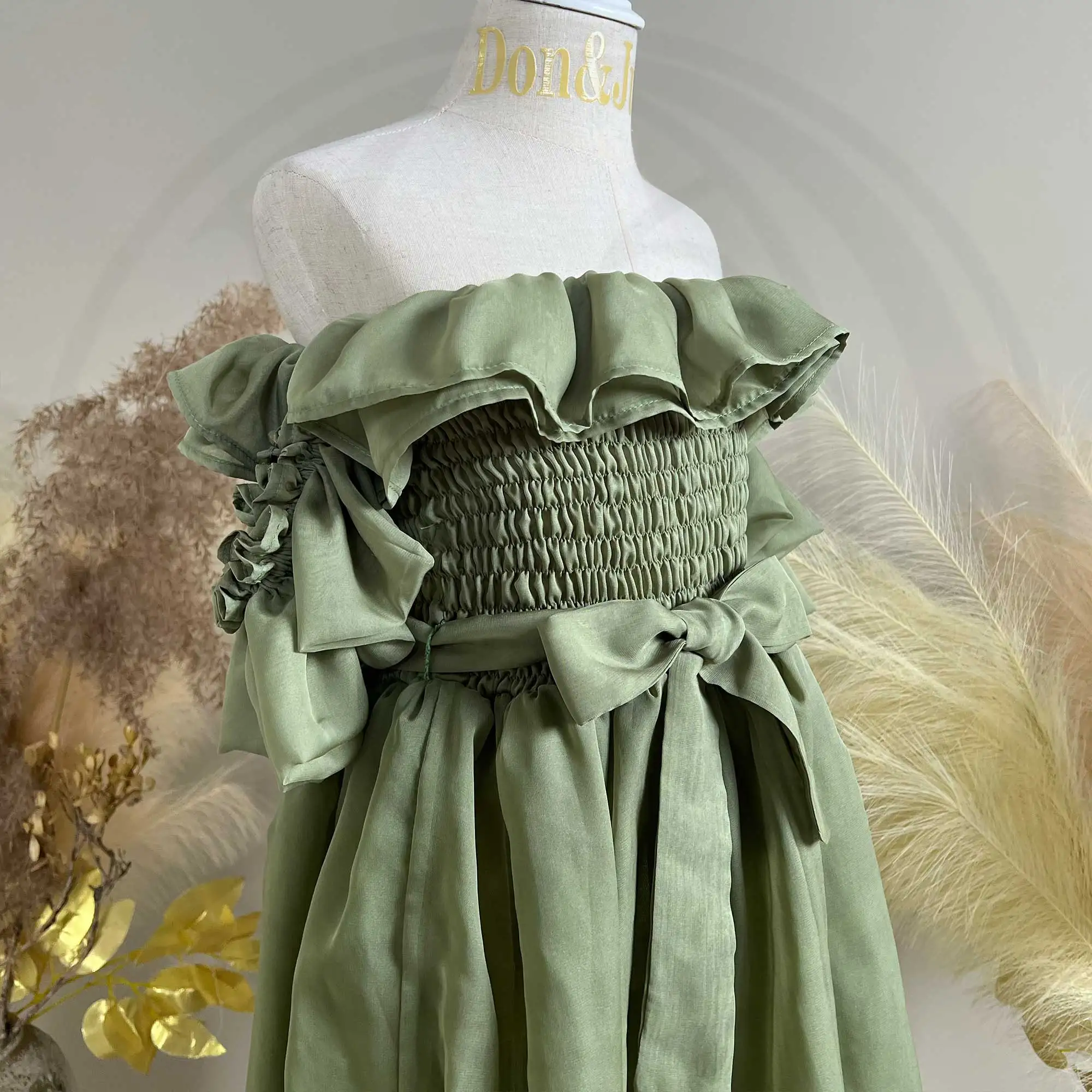 Don&Judy Oliver Chiffon Girls Dress Off-Shoulder Ruffled Bodice with Satin Bow Belt and A-Line Skirt for Little Princess Dress