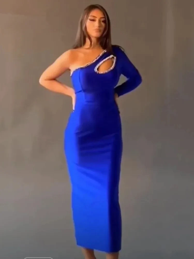 

New Bodycon Bandage Dress 2023 Sexy One Shoulder Diamonds Blue Maxi Long Women Celebrity Fashion Evening Party Dress Vestido