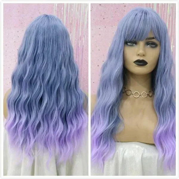 Long Ombre Blue & Purple Wavy Women Synthetic Hair Wigs With Bangs Heat Resistant Fiber wig