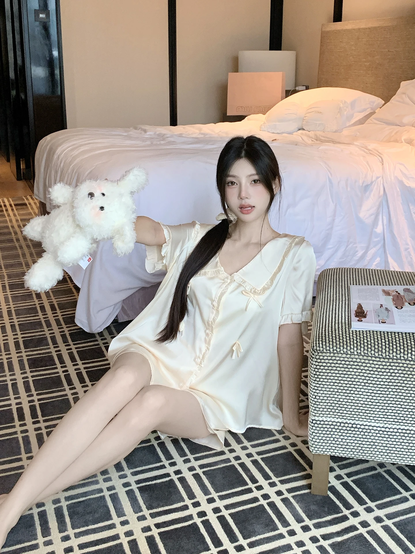 2025 Summer New Sexy Short Sleeve Ice Silk Pajamas for Women with Bow Cute Doll Collar Homewear Two-Piece Set