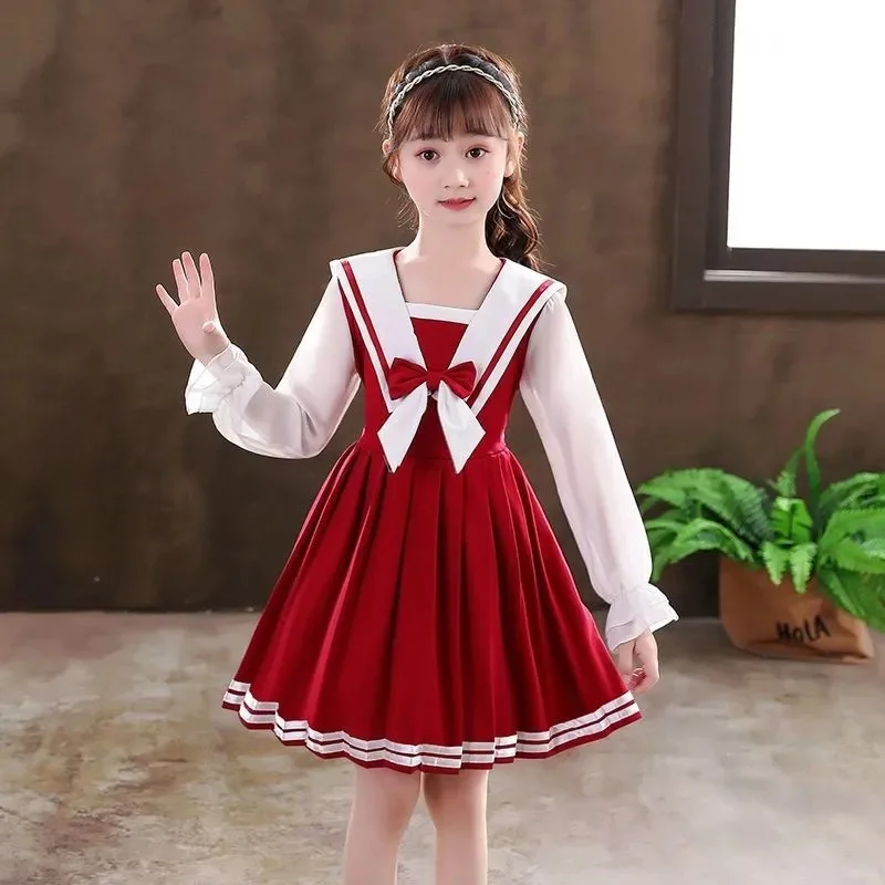 2026 summer New retro Girls long party sailor Dress V NECK bow Collar Teens striped JK Patchwork Clothes Toddler 4 14 10 12 year