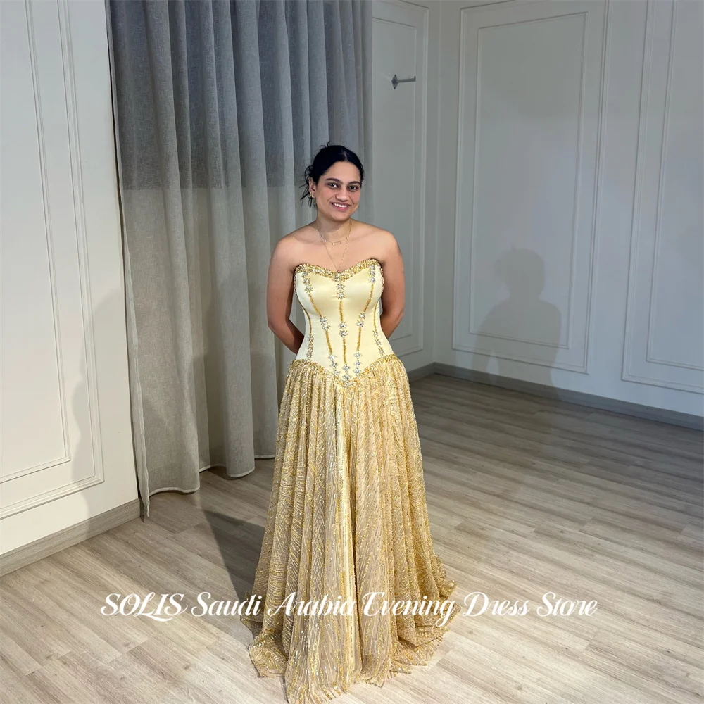 SOLIS Champagne Party Dress Strapless Sleeveless Evening Dress Beading On Chest فساتين السهرة for Wedding Zipper Back Customized