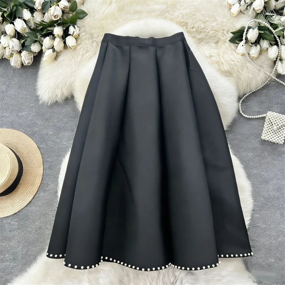 French Elegant Pearl Beading Skirt Women Autumn High Waisted A-Line Pleated Skirt Office Lady Faldas Fashion Party Midi Skirt