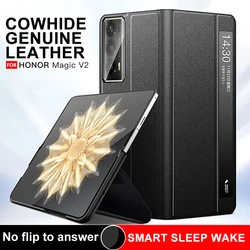 Genuine Leather Flip Cover For Honor Magic V2 Original Mirror Smart Touch View Wake Sleep Up Protection Stand Case for MagicV2