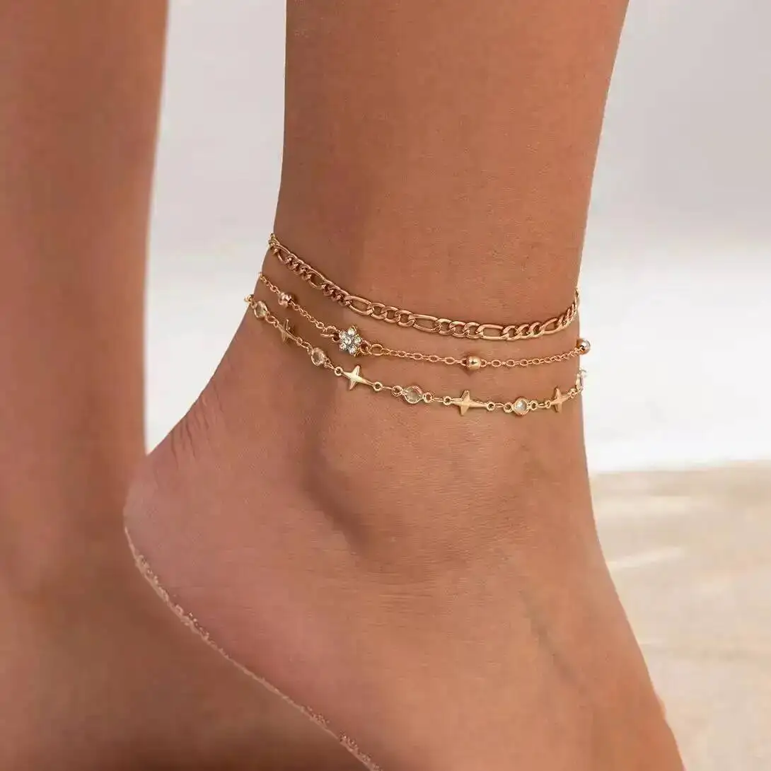 SHIXIN 3Pcs/Set Boho Exquisite Stackable Crystal Anklet Chain for Women Summer Beach Gold Color Barefoot Foot Chain Jewelry Gift