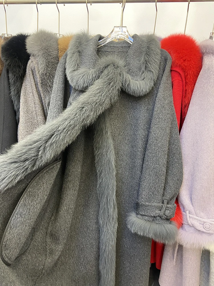 2026 Winter Women Real Fox Fur Collar Long Sleeve Fur Cuff Loose Warm Long Woolen Jacket Coat
