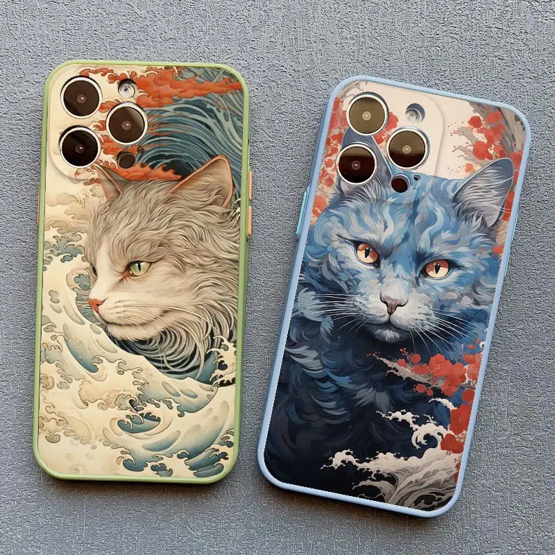 Fashion Japan The Great Sea Wave Cat Art Phone Case For iPhone XS X XR 13 12 Mini 11 14 15 16 Pro Max 7 8 Plus SE2 Cover Fundas