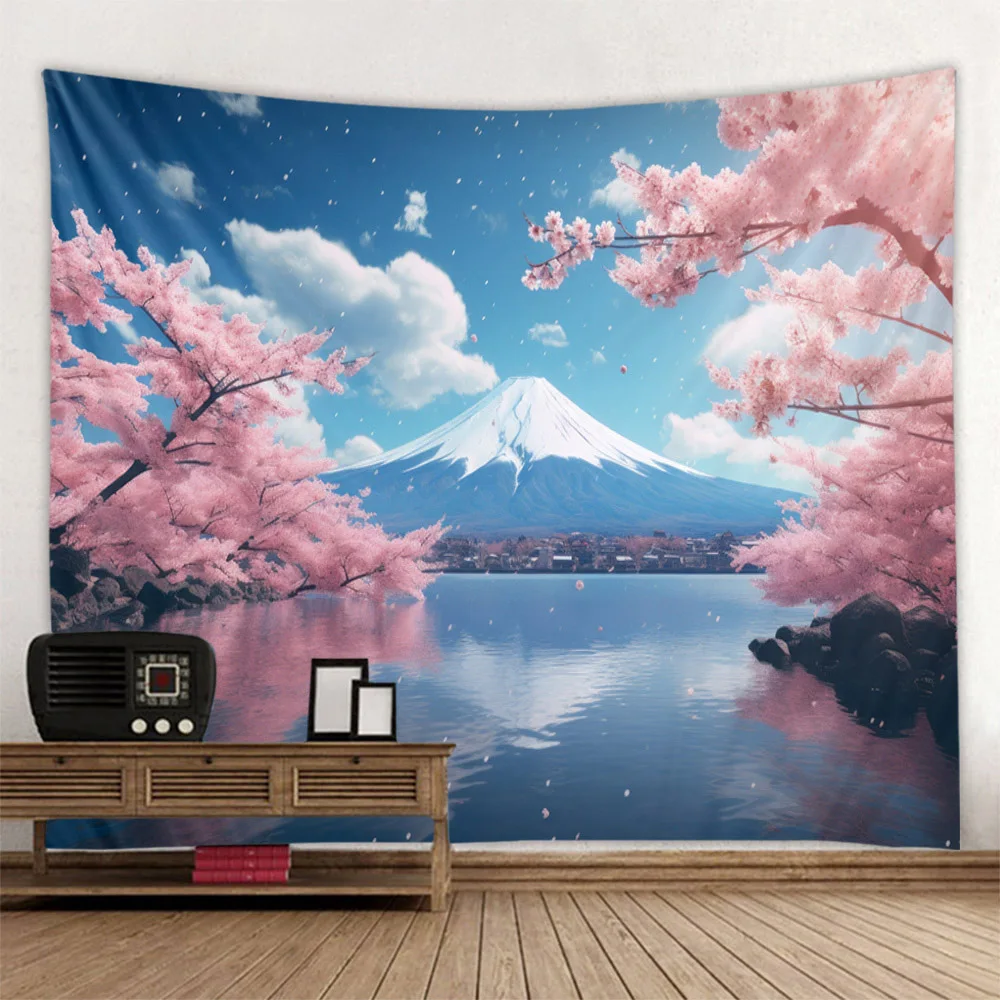 Natural Landscape Tapestry, Multiple Sizes, Cherry Blossom Mount Fuji Landscape Wall Hanging, Home Decoration Background Cloth