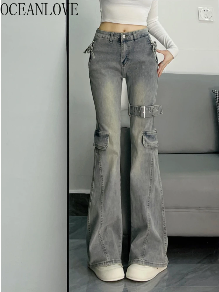 

OCEANLOVE Y2k Clothes Denim Flare Pants Women Solid Spring Autumn Vintage Pantalones Mujer Fashion Streetwear Trousers