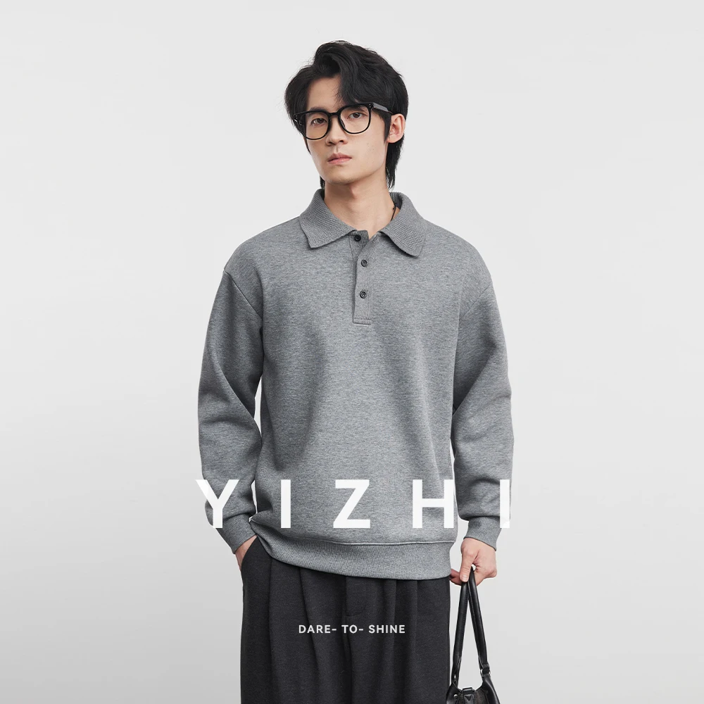 

Fashion Men's Fleece-Lined Thickened Polo Collar Sweatshirt 2025 Autumn Winter New American Solid Color Long Sleeve Pullover