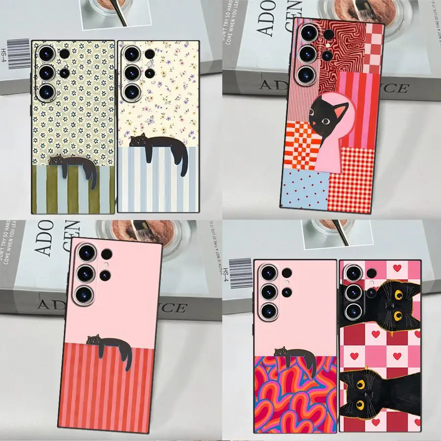 Artistic Black Cat Striped Pattern Case for Samsung Galaxy S26 Ultra S23 S20 FE S25 Plus Note 20 10 S24 S22 S21 Phone Cover
