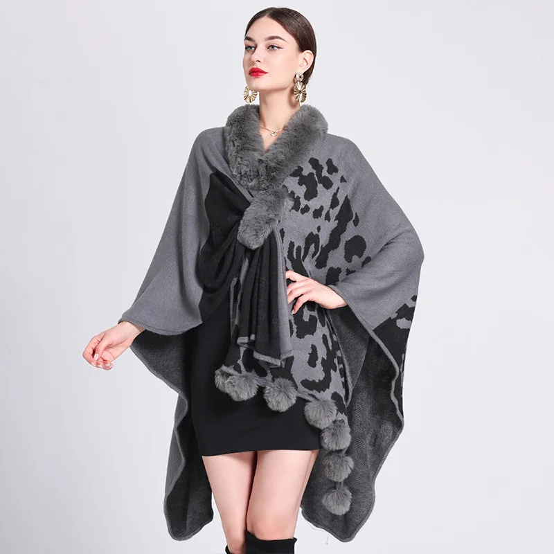 Women Loose Fur Ball Streetwear Printed Shawl Knitwear Autumn Oversize Criss Cross Pompon Cloak Knitted Leopard Poncho Capes