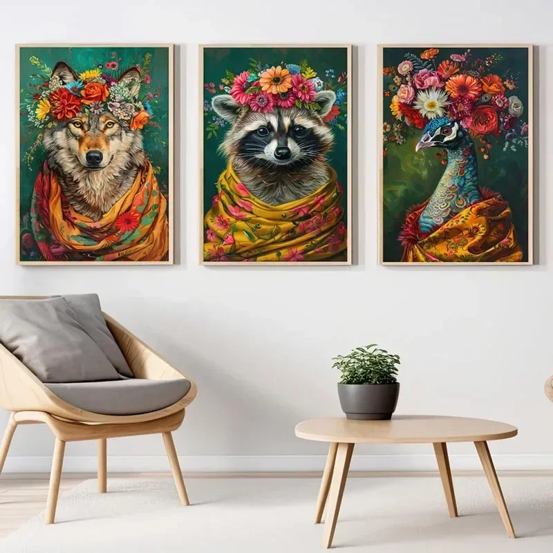 Vintage Maximalist Floral Wild Animal Canvas Painting Lion Owl Peacock Wolf Flower Poster Print Wall Art Picture Home Decor - view 2