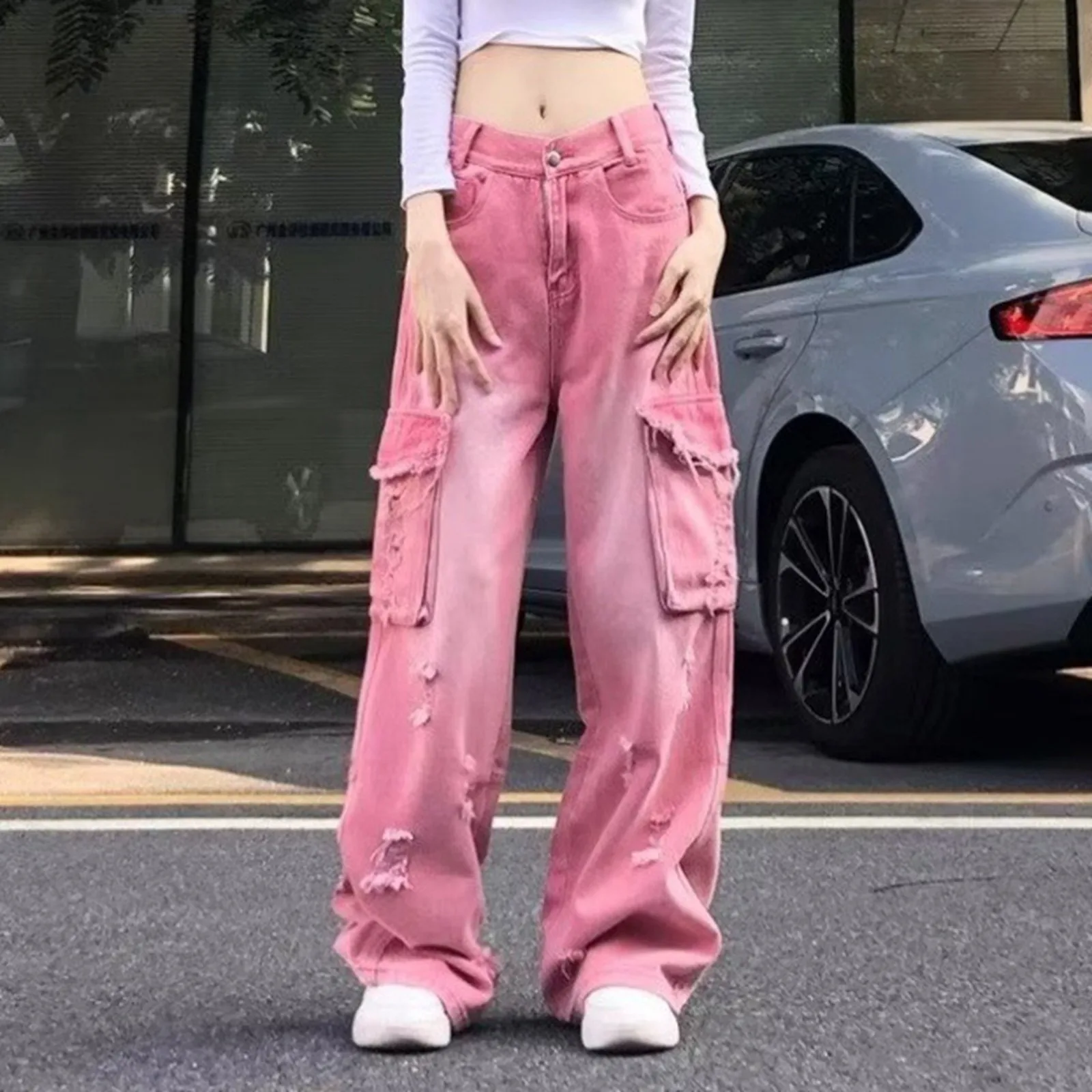 Hot Pink Cute Girls Cargo Pants Jeans Y2k Ripped Hole Streetwear Women Denim Pants Korean Baggy Techwear Retro Wide Leg Trousers