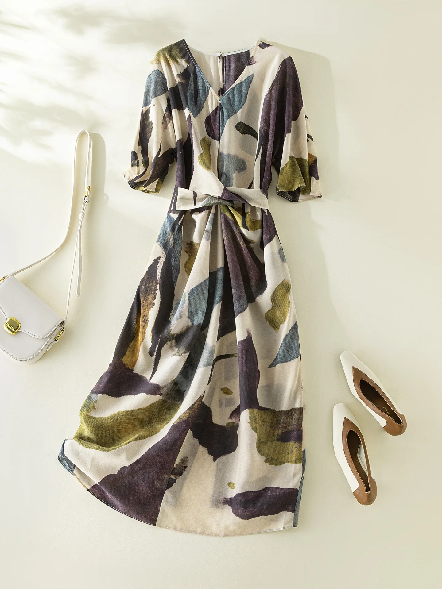 Elegant Fashion 100% Real Silk Summer Dress V-neck Three Quarter Sleeve Vintage Print Long Woman Holiday Dress 2026