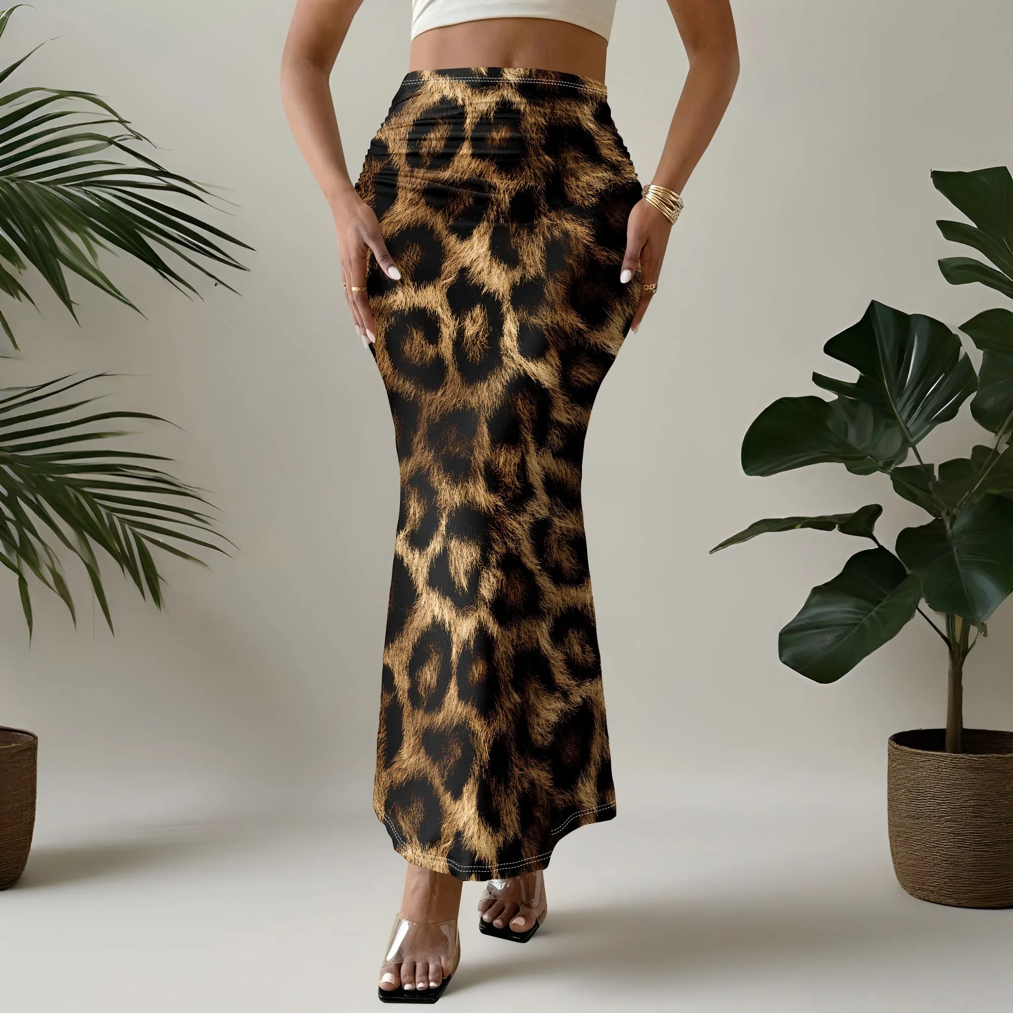 Leopard Print Maxi Skirt, Animal Pattern High Waist Mermaid Hem, Boho Chic Bottoms For Women Party Clubwear, S-2XL