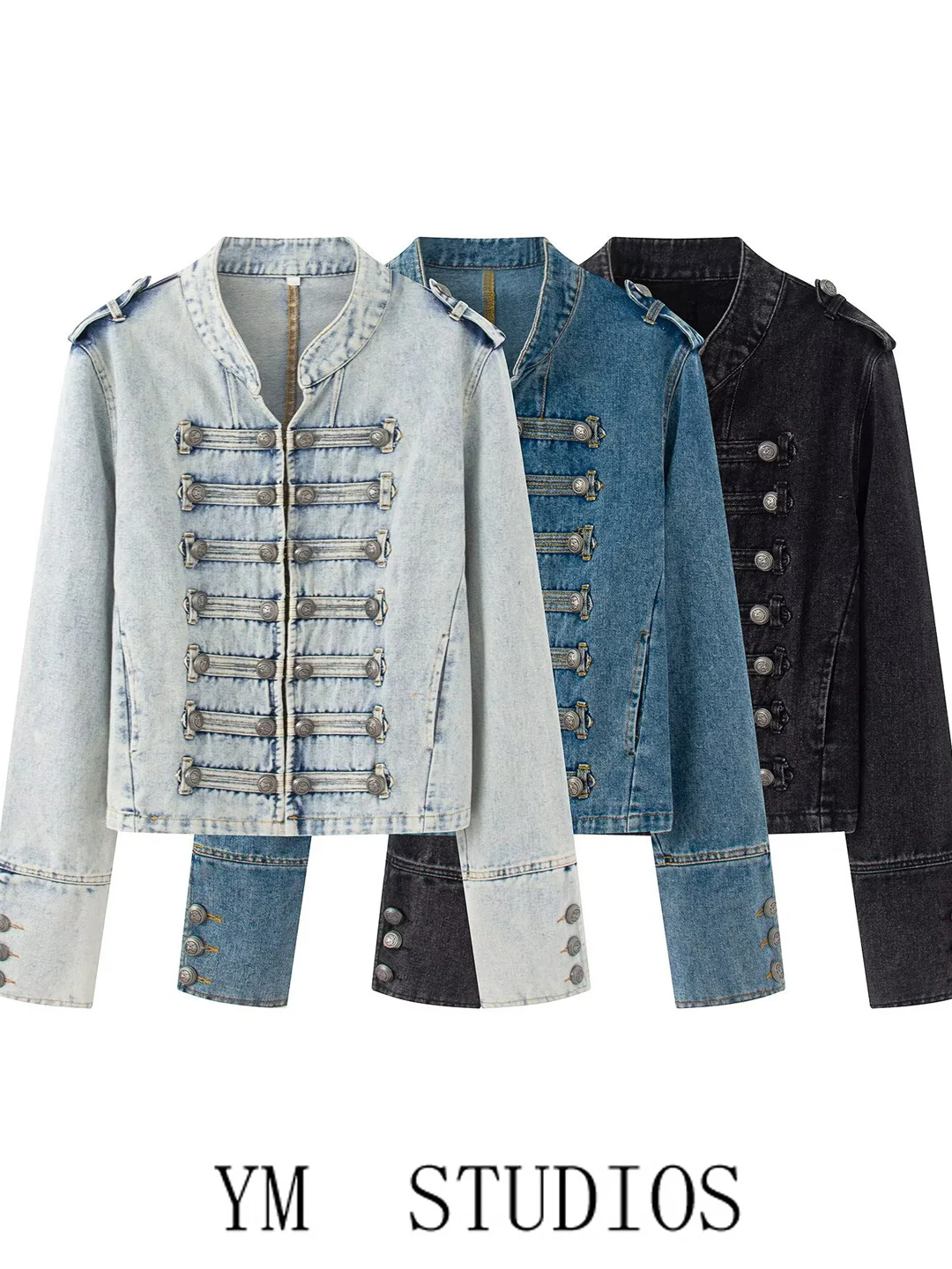 American Style Retro Multi-Buckled Decorative Denim Jacket Short Women's 2026 Autumn Fashion Stand Collar Dark Color
