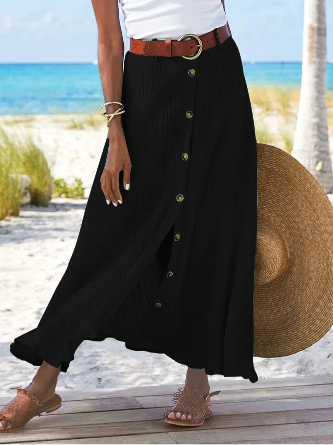 Summer Women's Skirt Cotton Linen Important Button Slit Flower Print Fashion Versatile Vacation Beach Midi Skirt