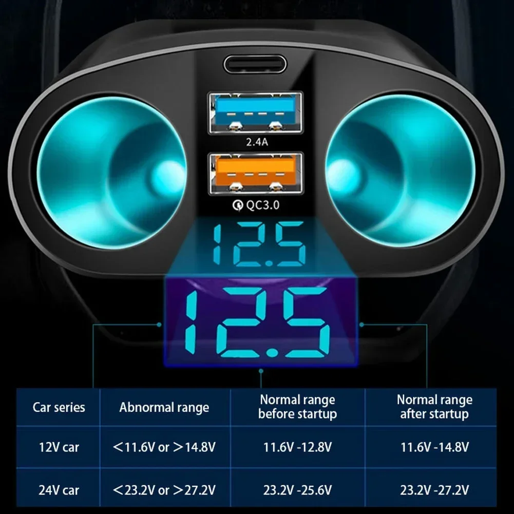 120W Auto Charger Car Socket Constant Temperature And Constant Current Charging Type-C+QC3.0+2.4A 12V-24V Dual USB Power Adapter