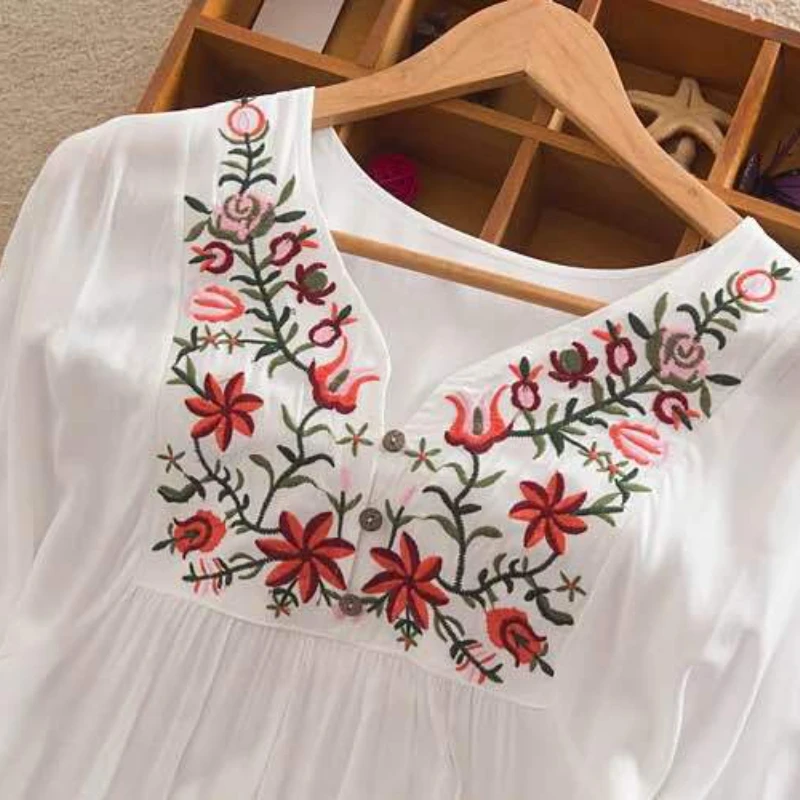 Summer Women Mexican Embroidered Floral Peasant Blouse Vintage Ethnic Tunic Boho Hippie Clothes Tops Blusa Feminina