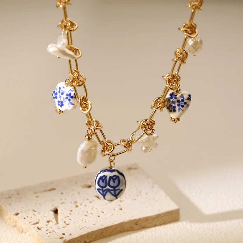 EILIECK 316L acier inoxydable breloques perle étoile céladon pendentif goutte collier pour femmes doré populaire été mode bijoux