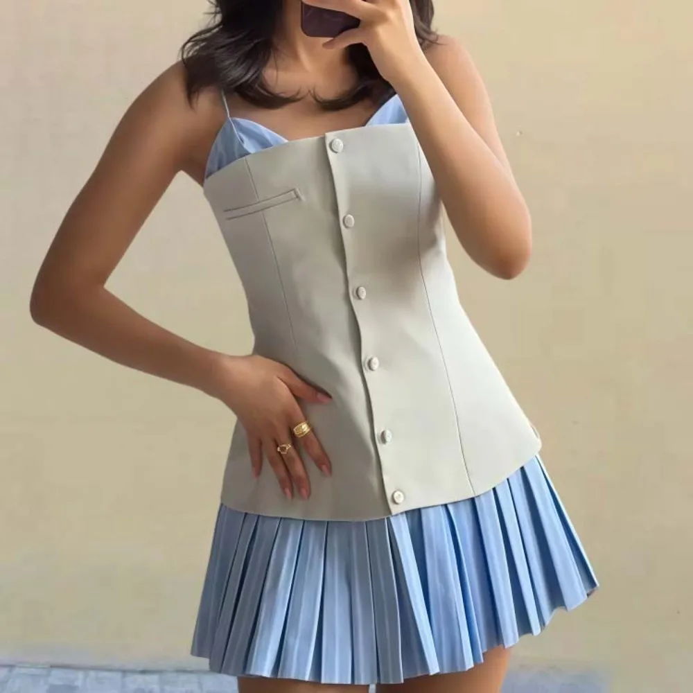 

Striped Sleeveless Dress Patchwork Wide Pleated Teenagers Adolescent Suspenders Short Skirt Blue Color Loose