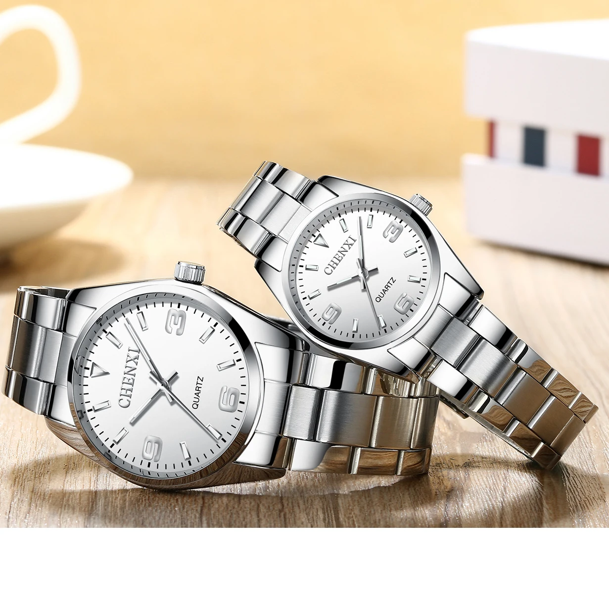 CHENXI-par de relojes de pareja para hombres y mujeres, pulsera de acero inoxidable, Conjunto de reloj de cuarzo, artículos de regalo, reloj de pareja