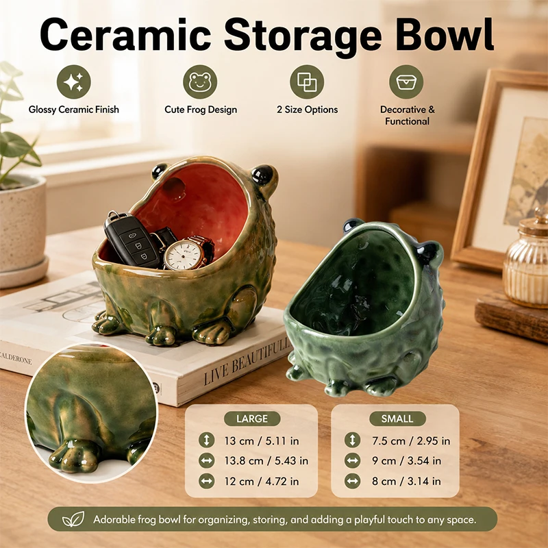 1pc Ceramic Frog Figurine Desktop Storage Holder Big Open Mouth Key Candy Organizer Animal Home Decor For Entryway Table