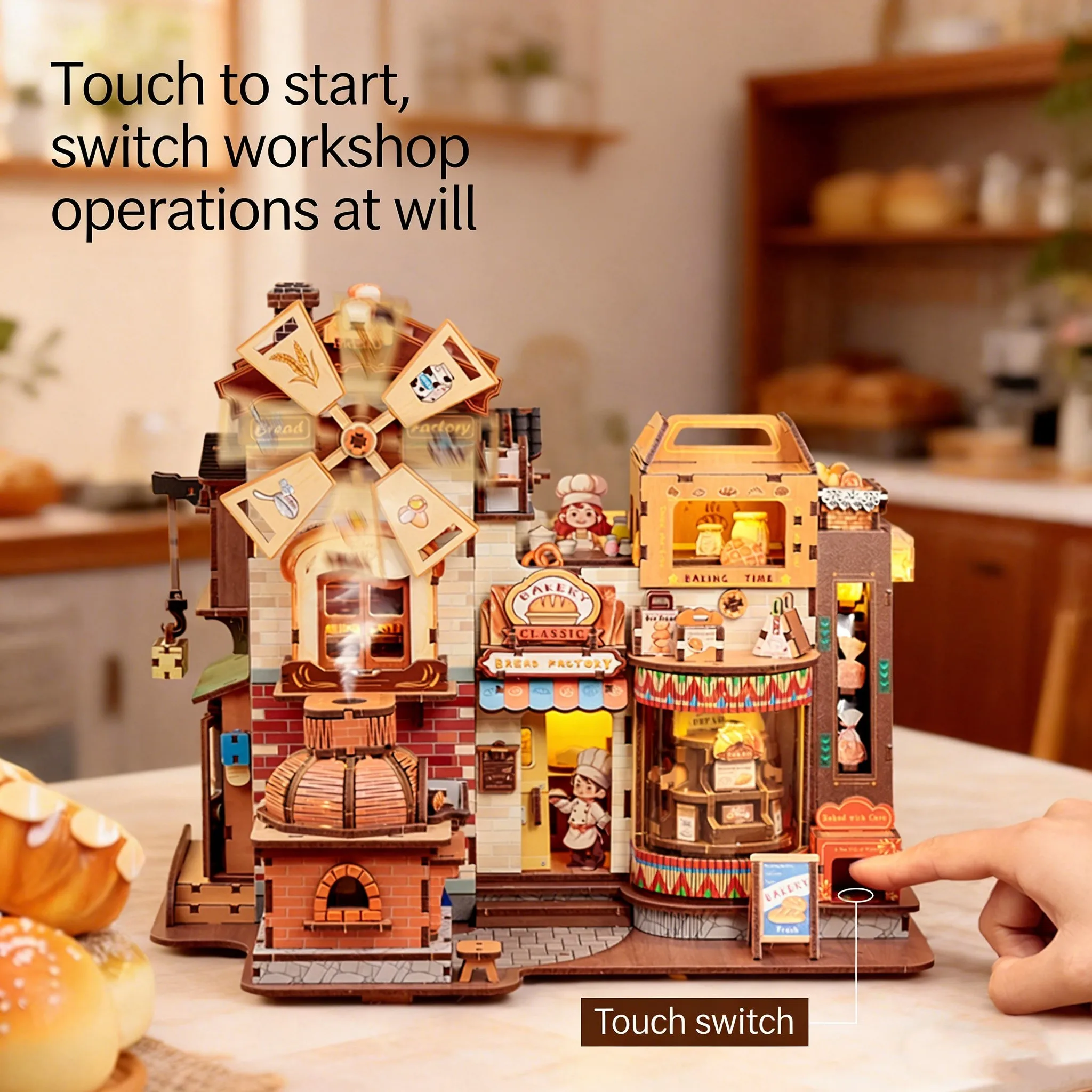 FurHaven DIY Miniature Bread Workshop Music Box Kit with LED Light Touch Modes Building Toy for Adults Gift Home Decor Model