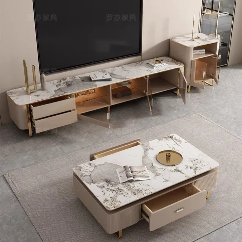 شقة صغيرة فاخرة وحديثة الراقية طلاء الشمبانيا خزانة أرضية غرفة المعيشة بلاطة الصخور طاولة القهوة مجموعة خزانة التلفزيون