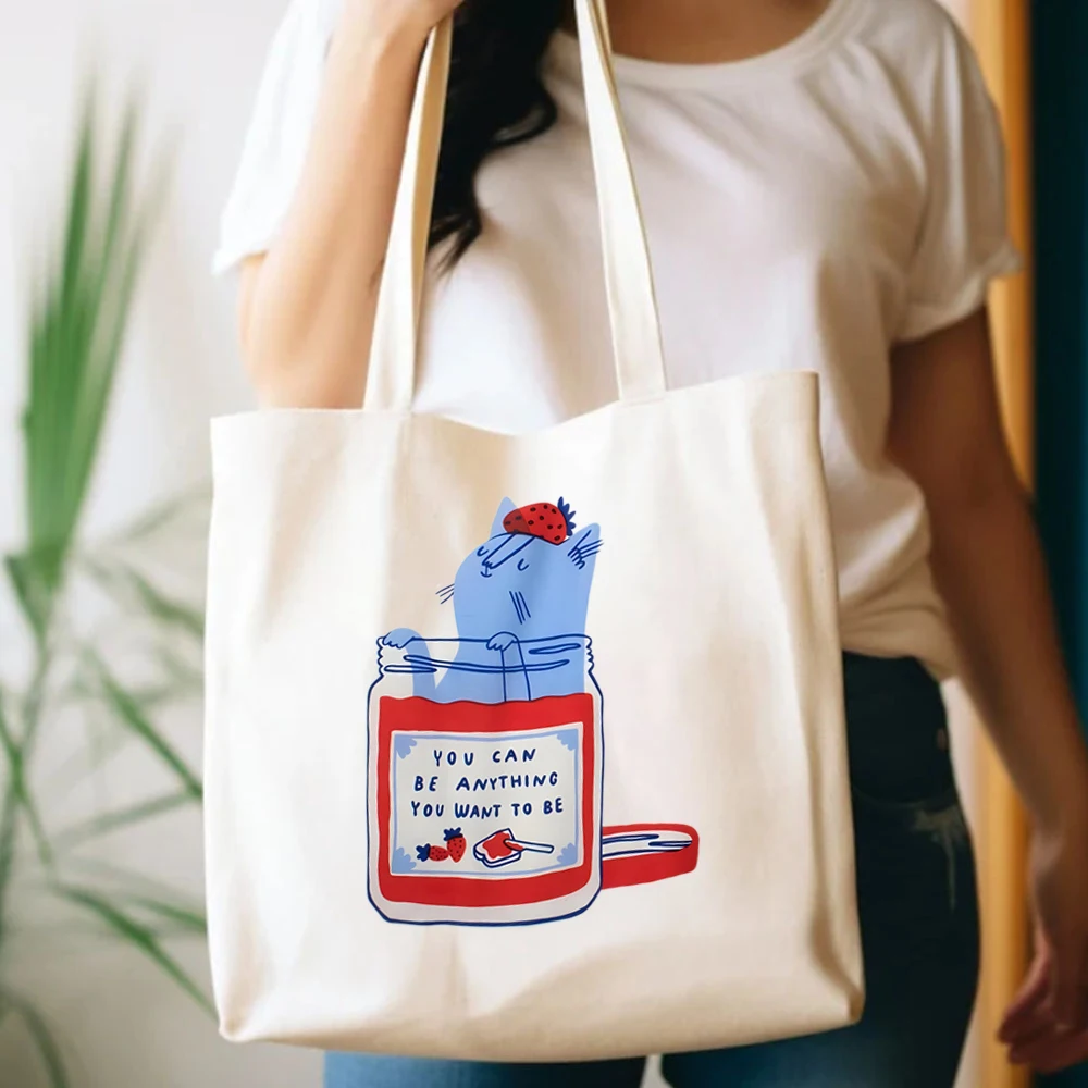 Its Super Cute Cat Print Bag Designs Strawberry Jam Women Handbags Canvas Tote Bag Reusable Practical Gift for Mom Shopping Bags